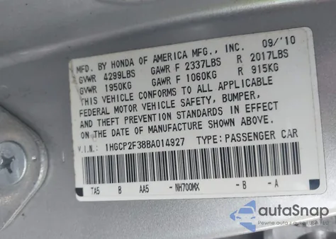 2011 Honda Accord 2.4 Lx z USA, uszkodzony, nr VIN 1HGCP2F38BA014927